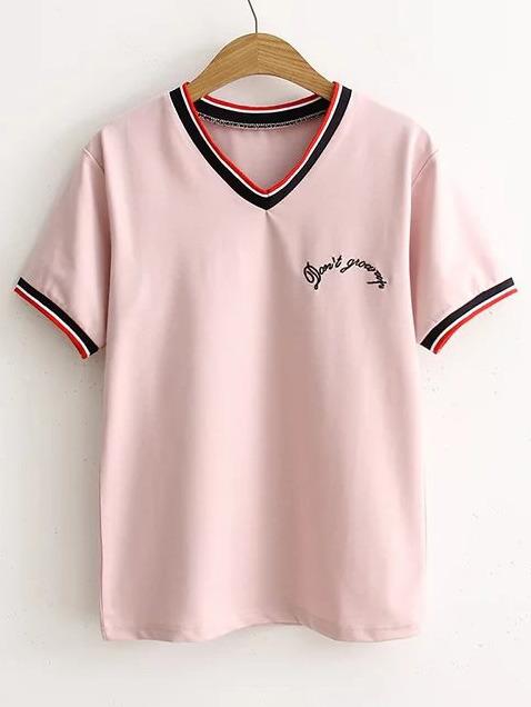 Romwe Pink Letter Embroidery Striped Trim T-shirt