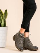 Romwe Distressed Pu Round Toe Lace Up Cork Heel Short Boots