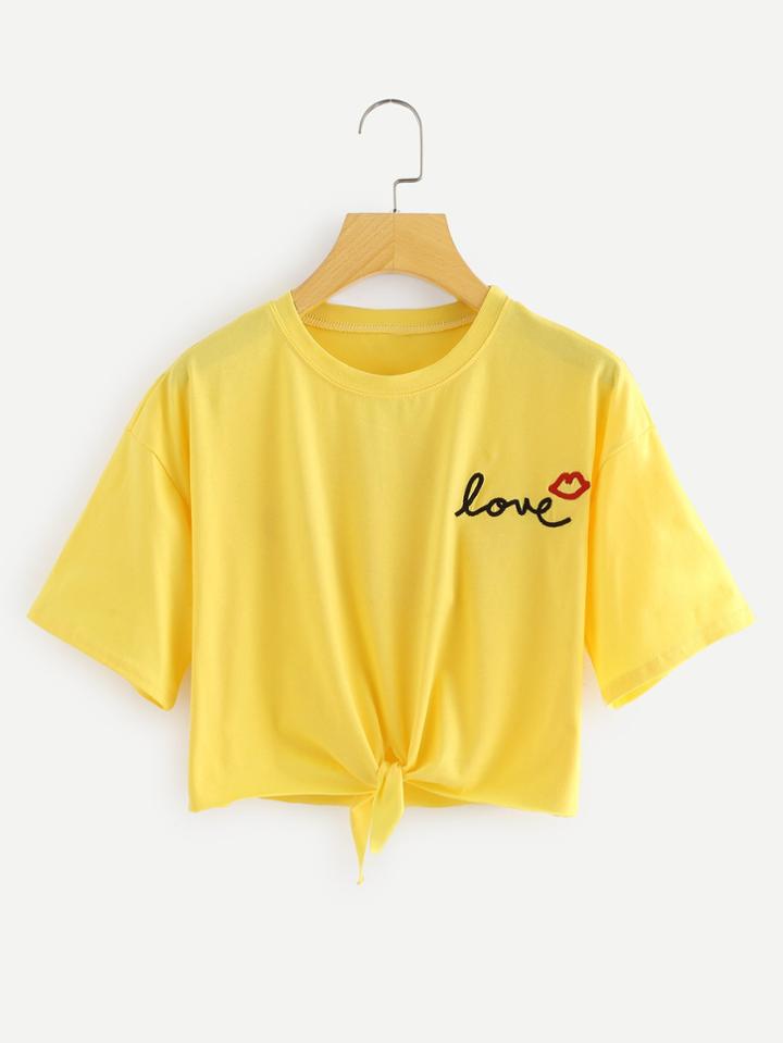 Romwe Knot Hem Embroidered Tee