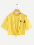 Romwe Knot Hem Embroidered Tee