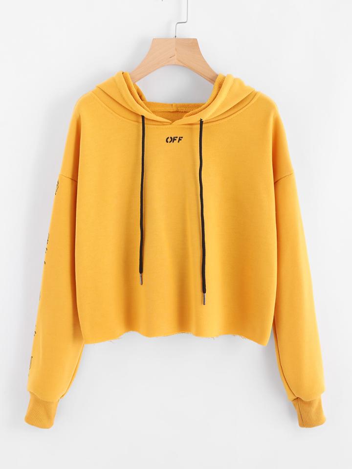 Romwe Letter Print Drop Shoulder Raw Hem Hoodie