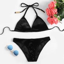 Romwe Plain Velvet Bikini Set