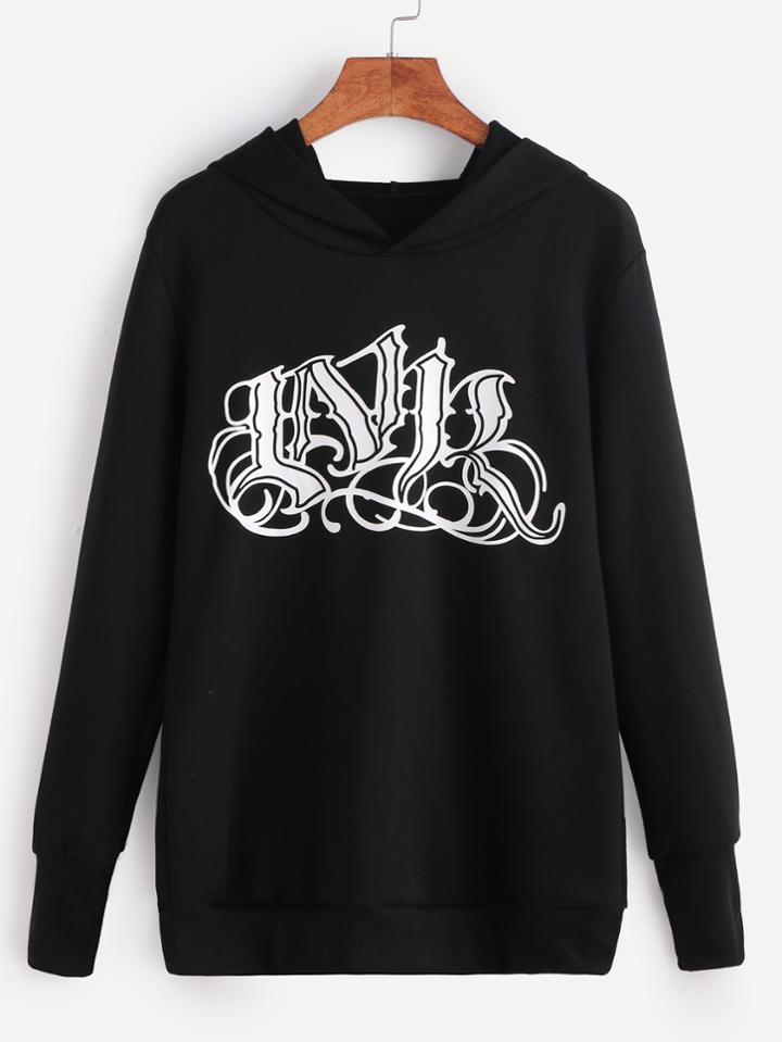 Romwe Black Printed Hooded Sweatshirt