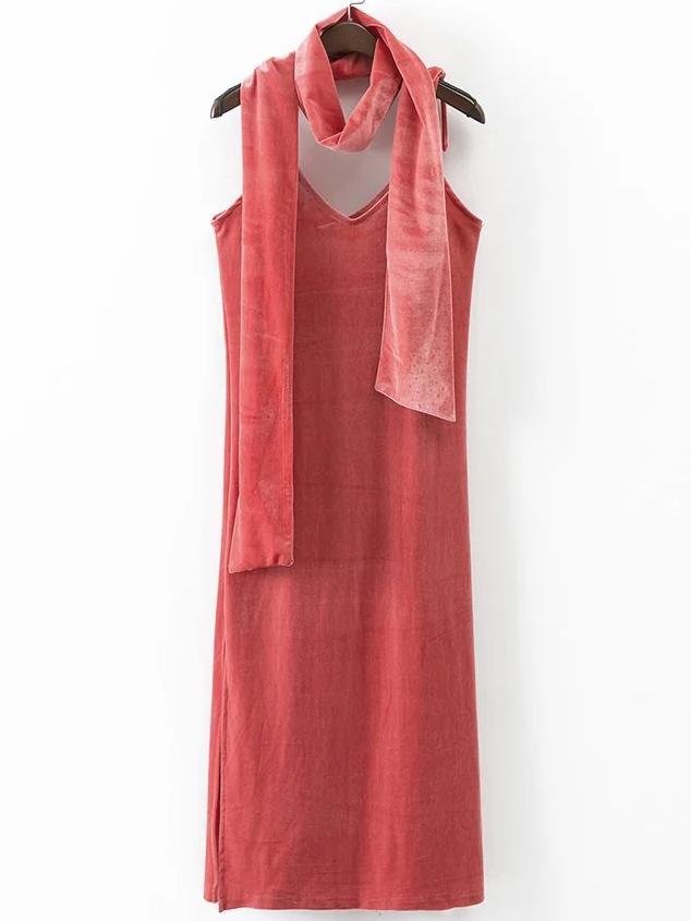Romwe Cami Straps Split Side Velvet Dress With Scarf