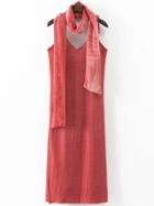 Romwe Cami Straps Split Side Velvet Dress With Scarf