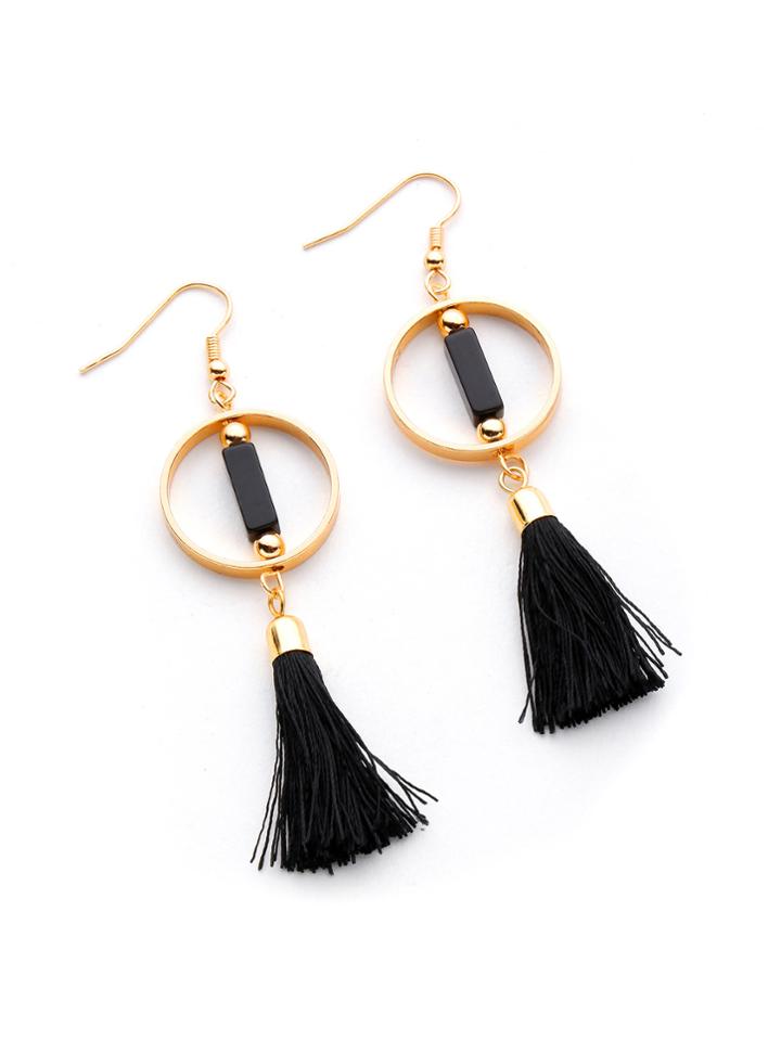 Romwe Ring And Tassel Design Drop Earrings