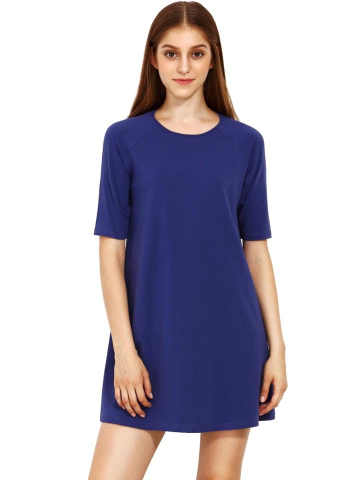 Romwe Blue Round Neck Inch Half Sleeve Loose Dress