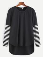 Romwe Black Contrast Striped Sleeve Dip Hem T-shirt