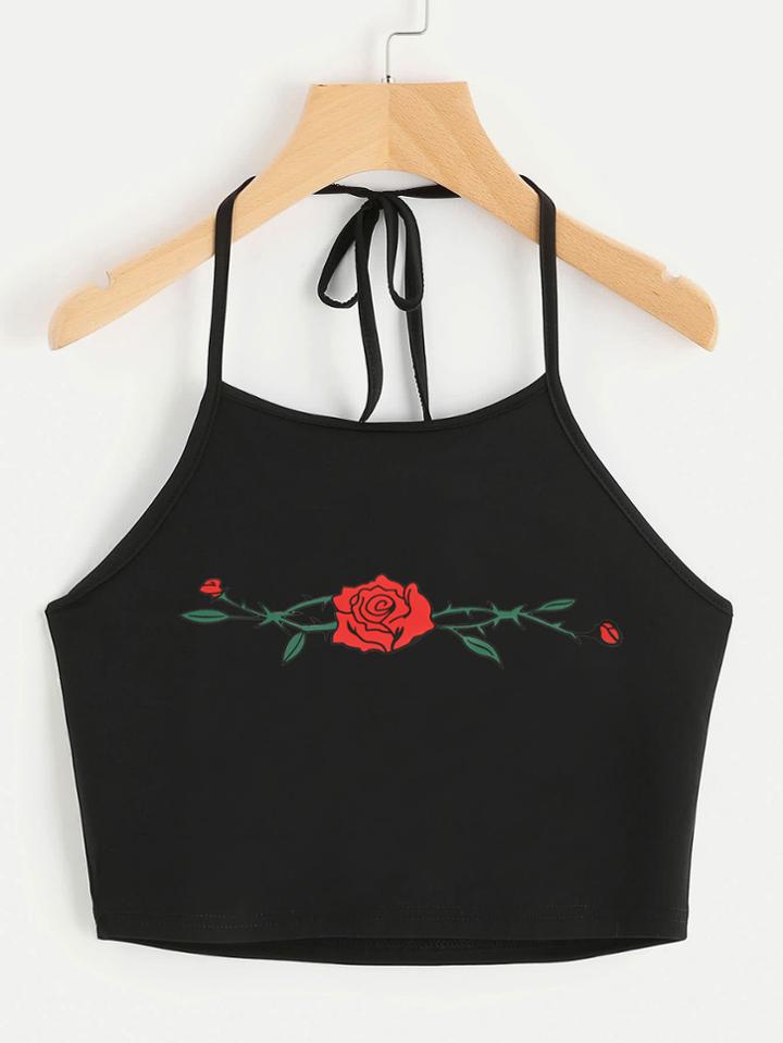 Romwe Halter Neck Rose Print Top