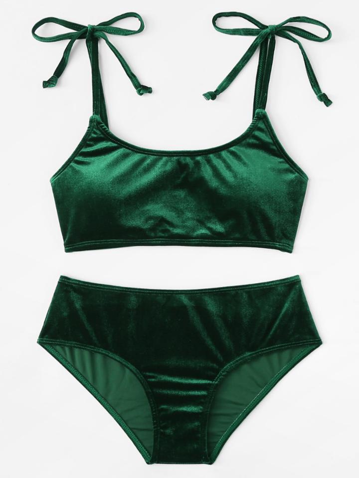 Romwe Self Tie Straps Velvet Bikini Set