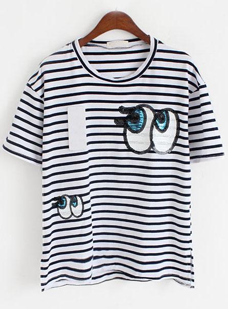 Romwe With Sequined Eye Pattern Striped T-shirt