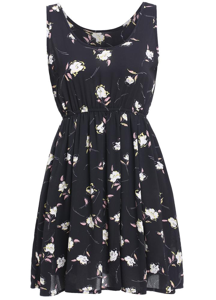 Romwe Scoop Neck Flower Print Pleated Dress