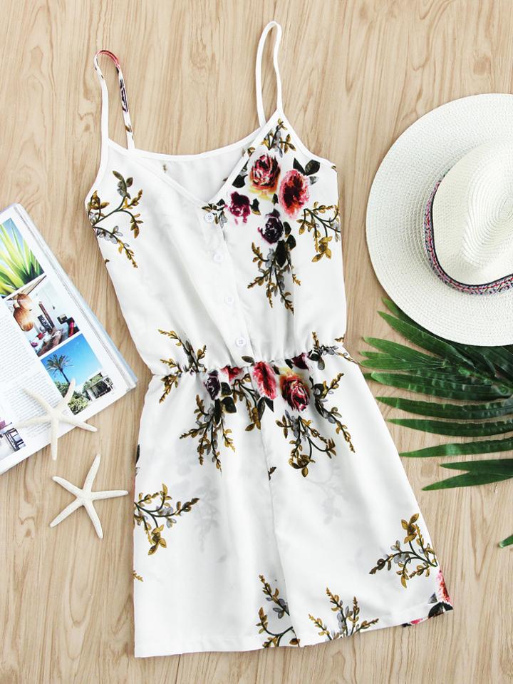 Romwe Floral Print Random Single Breasted Cami Romper