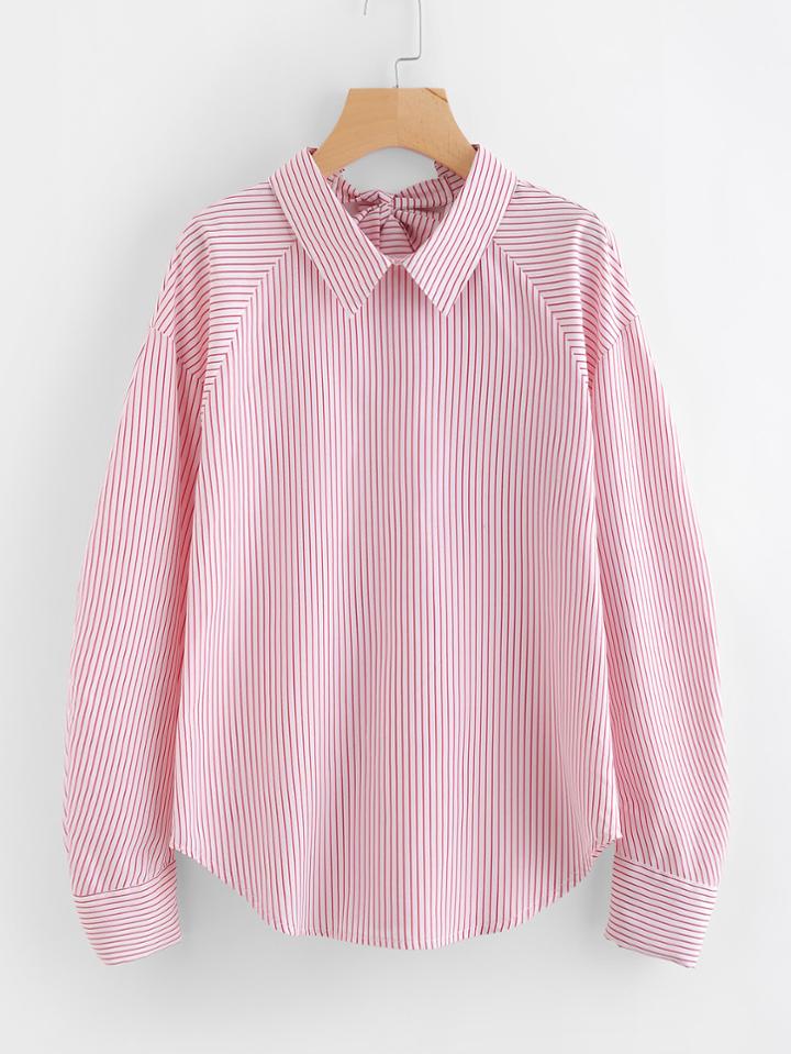 Romwe Bow Tie Back Curved Hem Striped Blouse