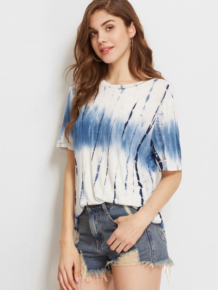 Romwe Navy Tie Dye Print Short Sleeve T-shirt