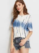 Romwe Navy Tie Dye Print Short Sleeve T-shirt