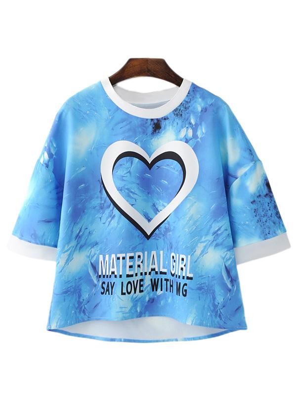 Romwe Blue Short Sleeve Letter Heart Print Blouse