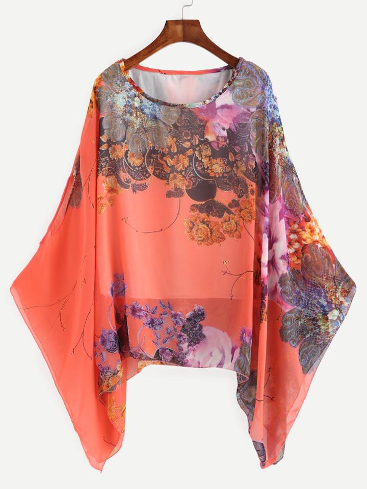 Romwe Florals Batwing Sleeve Chiffon Top