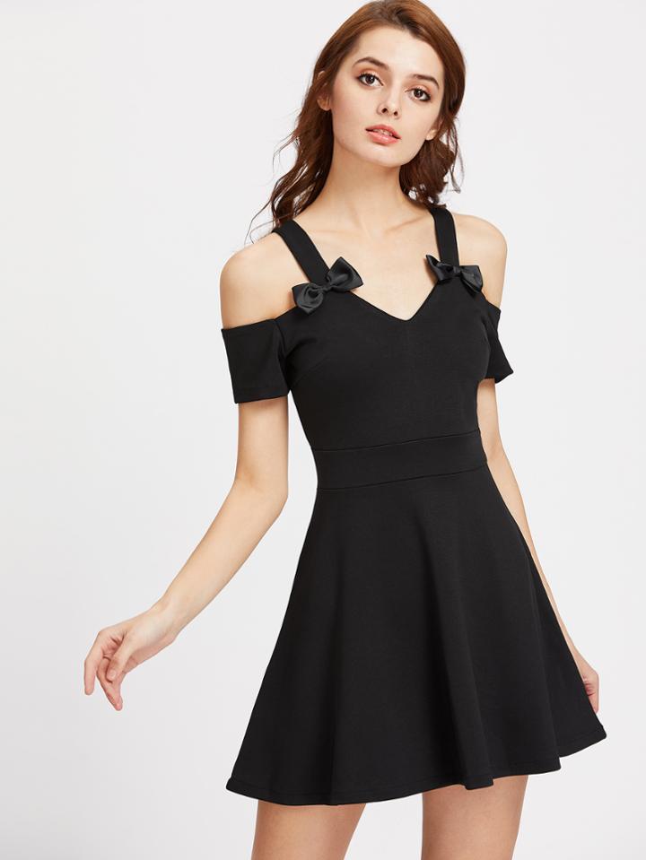 Romwe Cold Shoulder Bow Detail Swing Dress