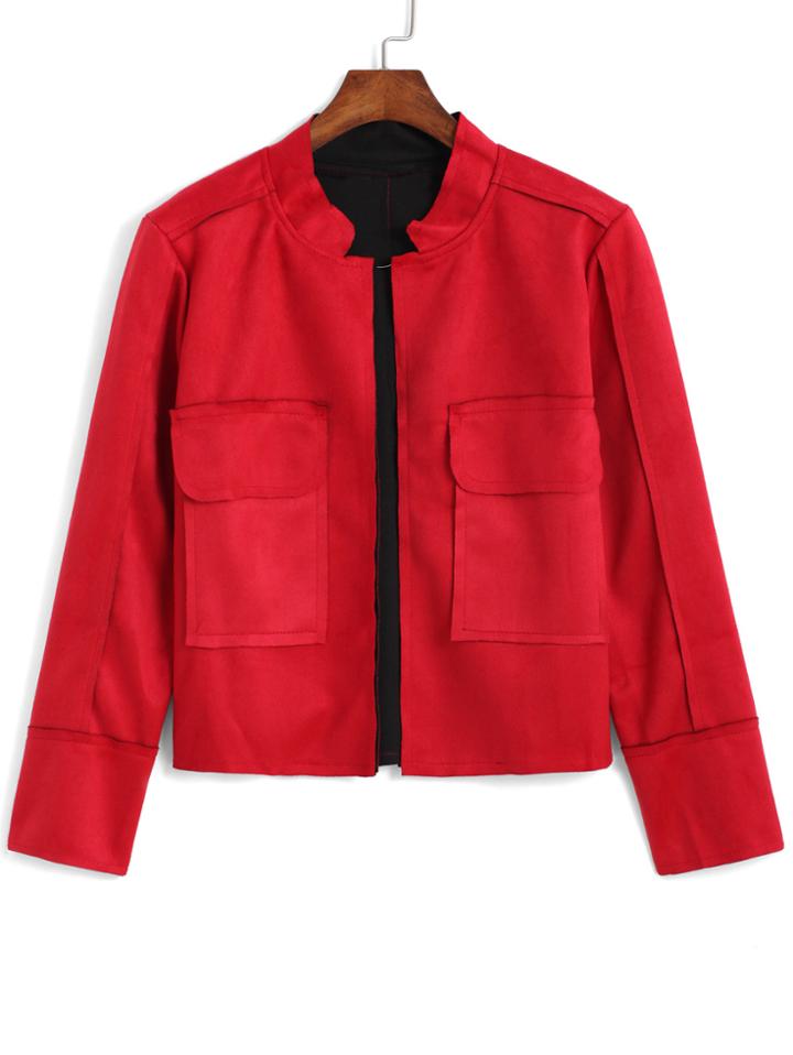 Romwe Stand Collar With Pockets Red Coat