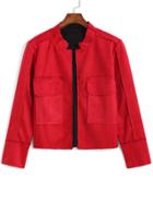 Romwe Stand Collar With Pockets Red Coat