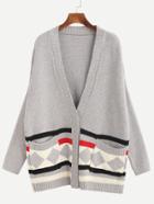 Romwe Grey Geometric Print Pockets Sweater Coat