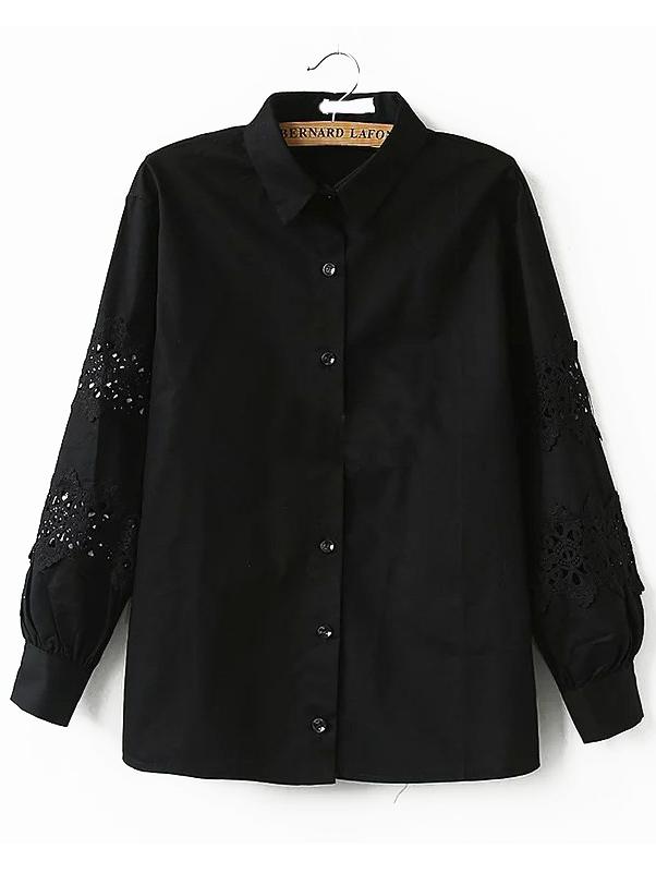 Romwe Lace Insert Black Blouse