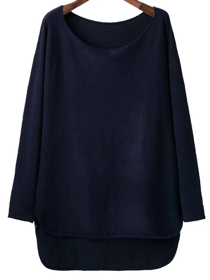 Romwe Navy Scoop Neck Dip Hem Knitwear