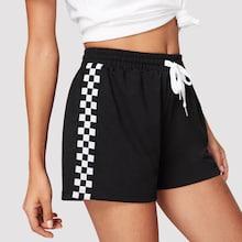 Romwe Drawstring Waist Checked Panel Side Shorts