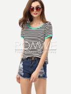 Romwe Black White Striped Short Sleeve T-shirt
