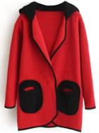 Romwe Red Hidden Button Hooded Sweater Coat With Cute Pockets