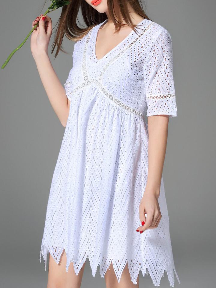 Romwe White V Neck Hollow Zigzag Dress