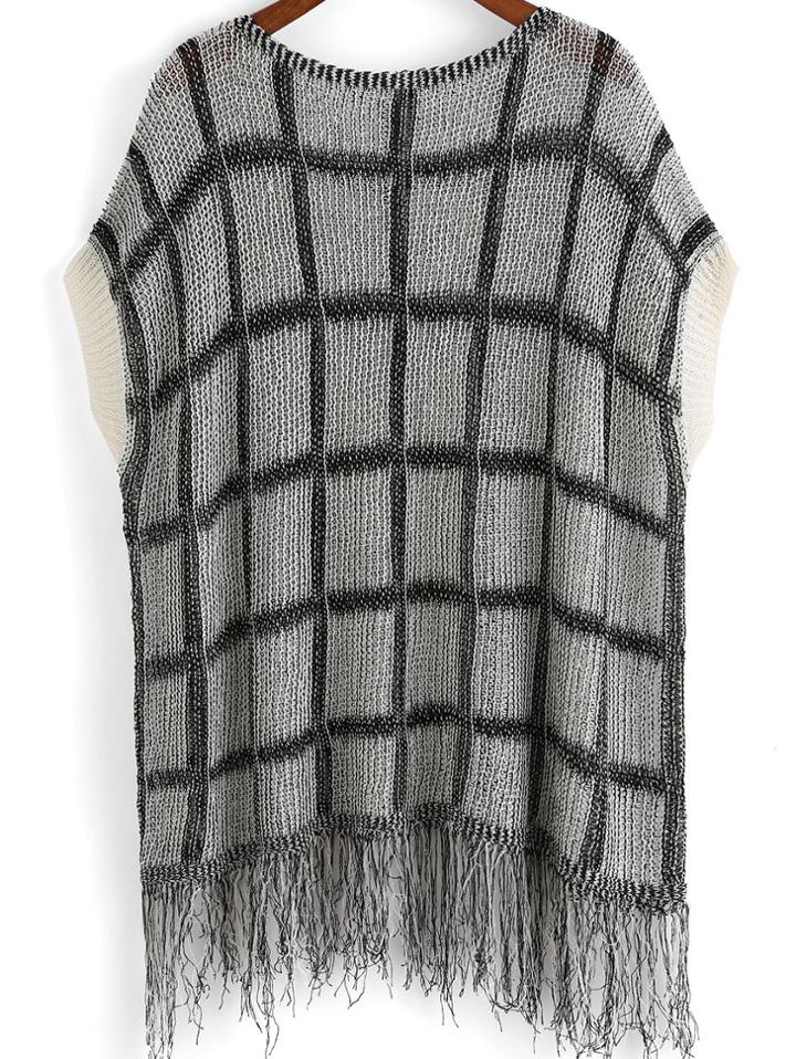 Romwe With Tassel Plaid Hollow Grey Sweater