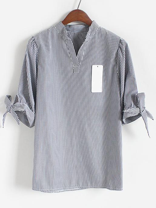 Romwe V Neck Vertical Striped With Bow Black Blouse