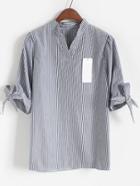Romwe V Neck Vertical Striped With Bow Black Blouse