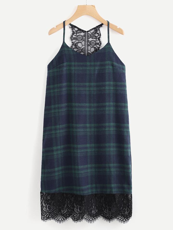 Romwe Lace Panel Eyelashes Lace Trim Plaid Cami Dress