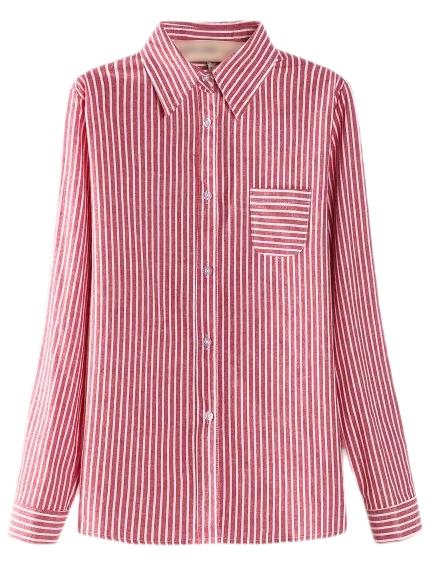 Romwe Red Buttons Front Pocket Plus Size Stripe Blouse