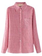 Romwe Red Buttons Front Pocket Plus Size Stripe Blouse