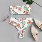 Romwe Flower Print Bandeau With High Cut Bikini Set