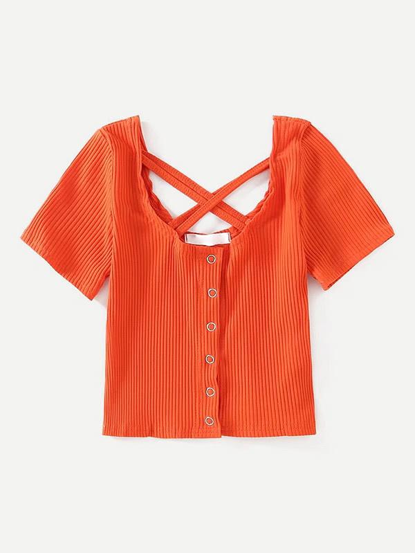 Romwe Criss Cross Crop Ribbed Tee