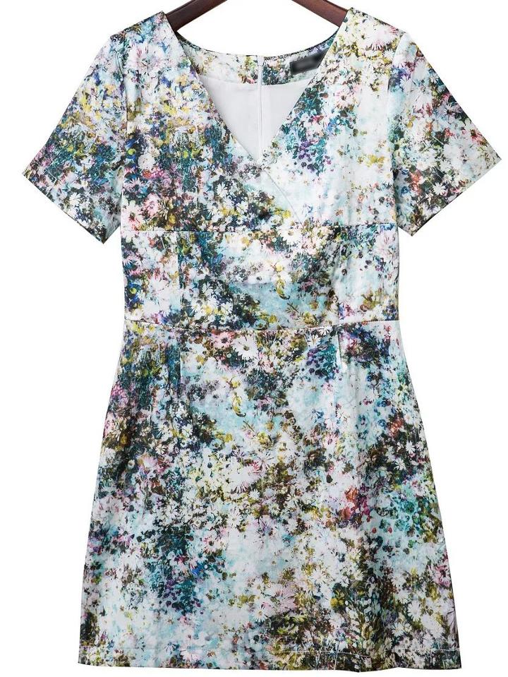 Romwe Multicolor Cross V Neck Zipper Back Flower Print Dress