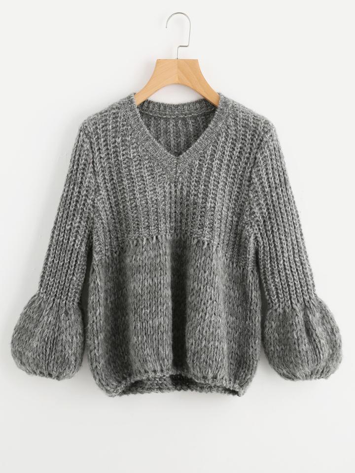 Romwe Puff Sleeve Mixed Knit Jumper