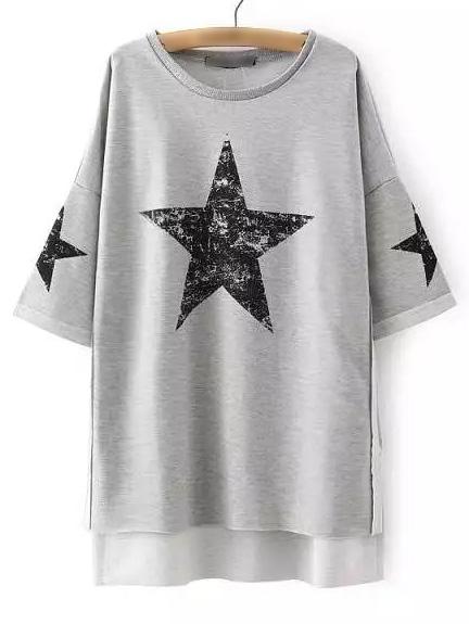 Romwe Light Grey Star Printed High Low T-shirt