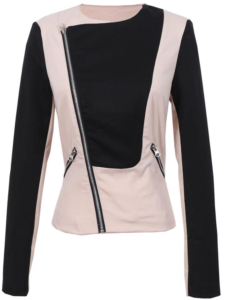 Romwe Color-block Lapel Zipper Slim Jacket
