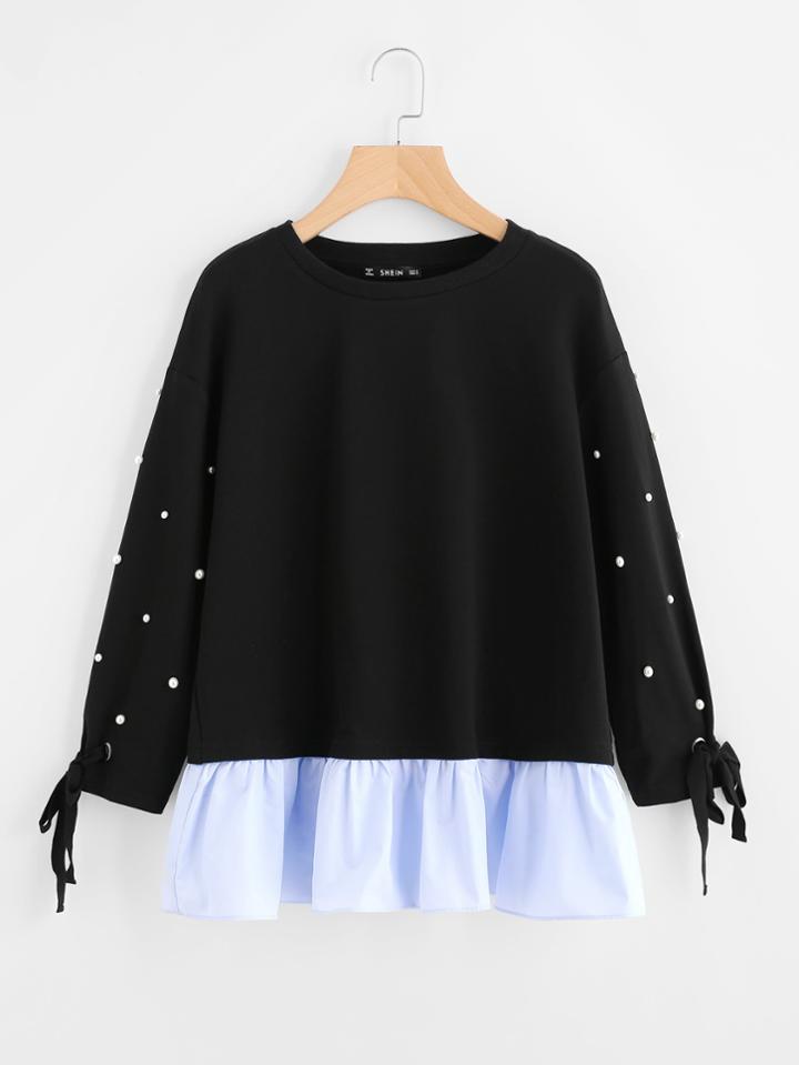 Romwe Tied Cuff Pearl Beading Ruffle Hem Pullover