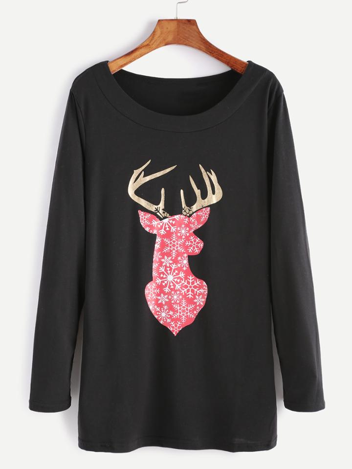 Romwe Black Deer Print Long Sleeve T-shirt