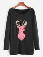 Romwe Black Deer Print Long Sleeve T-shirt