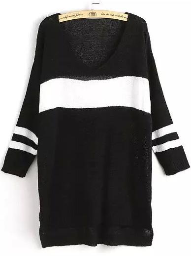 Romwe V Neck Dip Hem Striped Black Sweater