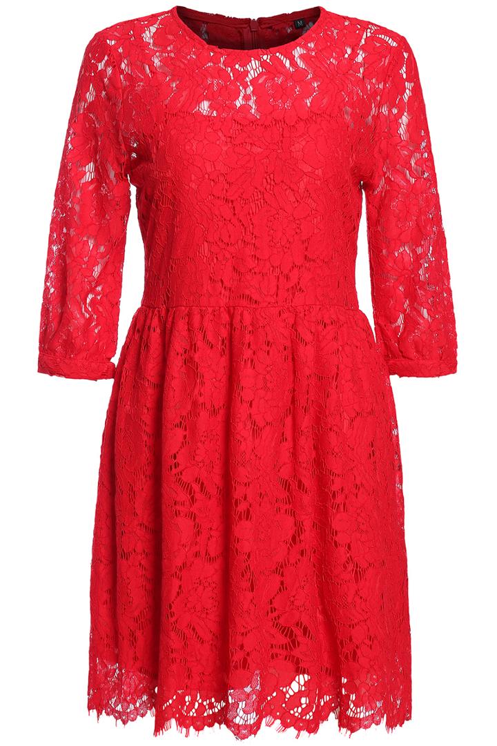Romwe Hollow Lace Pleated Red Dress