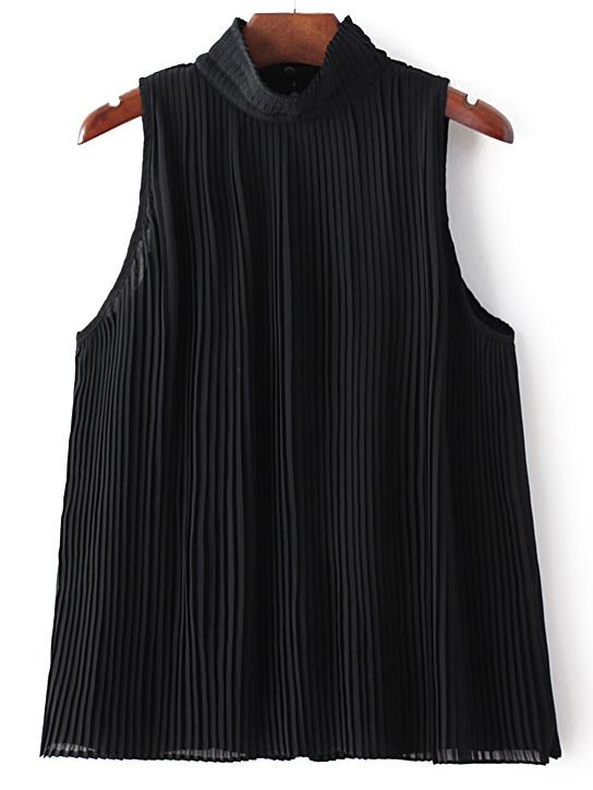 Romwe Black Sleeveless Keyhole Back High Neck Pleated Blouse